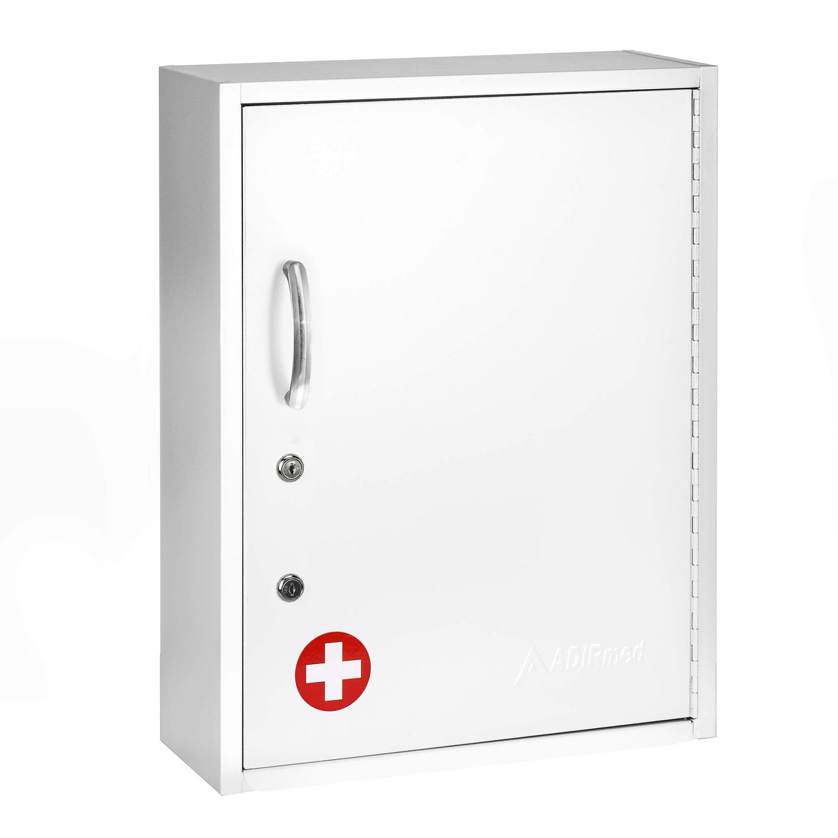 White metal medicine cabinet with multiple shelves and document pocket