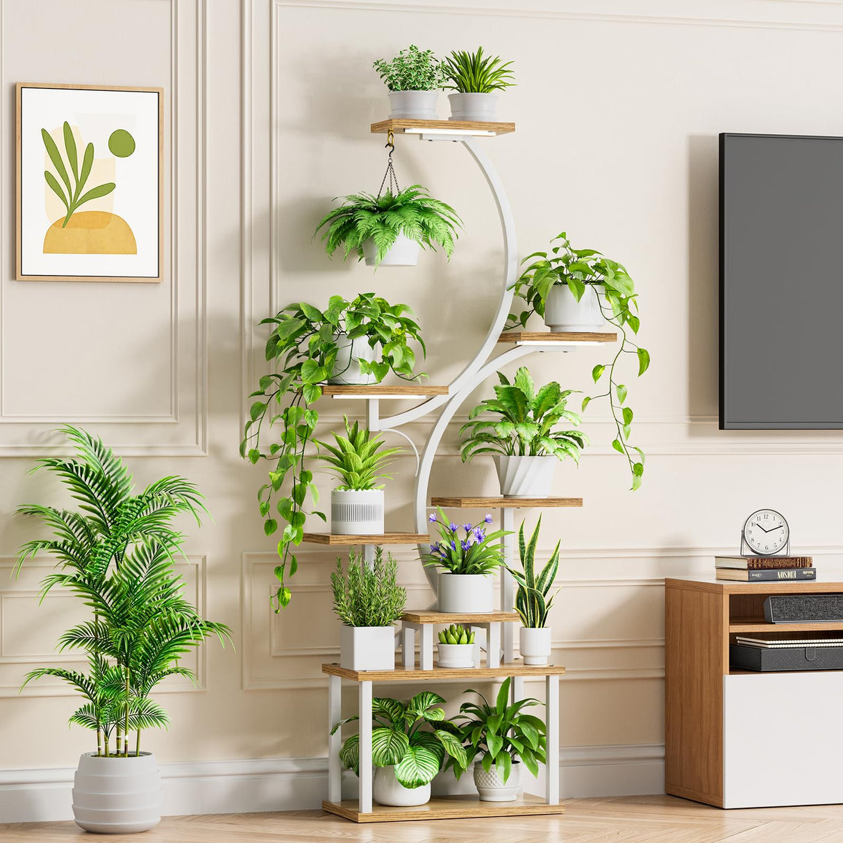 White modern corner plant shelf with LED grow lights