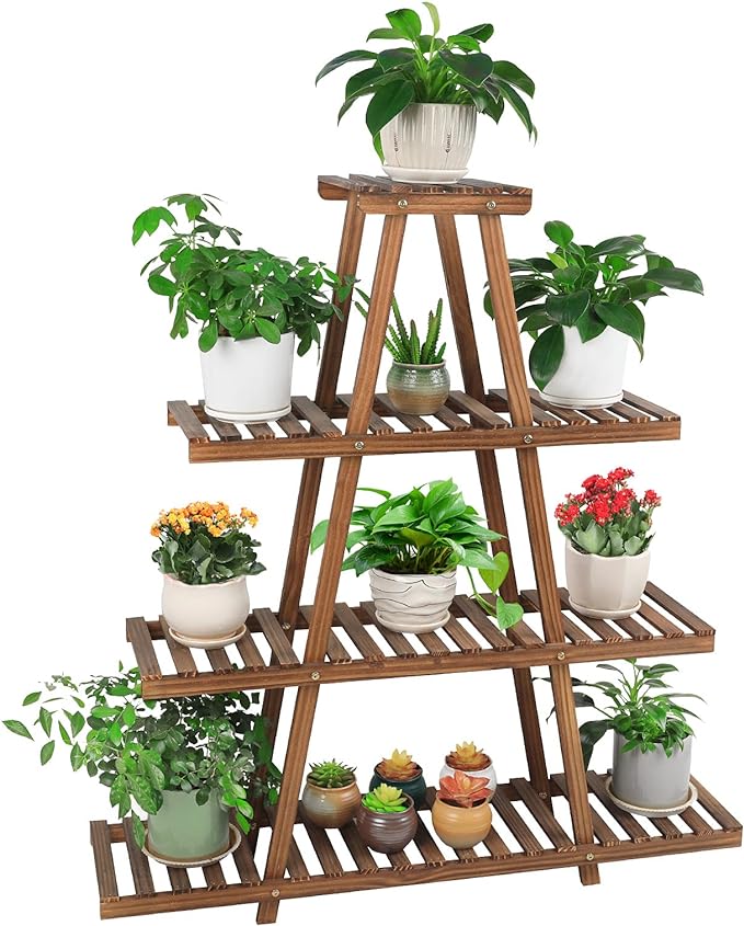 TriStand 3-Tier Wooden Plant Stand – Carbonized Pine Wood Display Shelf