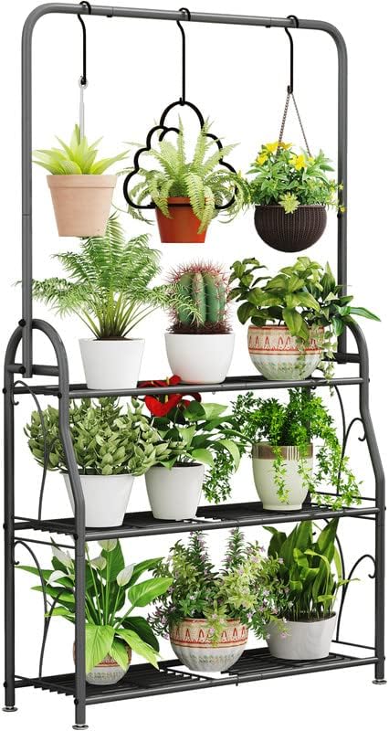3-Tier Tall Wrought Iron Plant Stand – Indoor & Outdoor Corner Shelf with Hanging Hooks
