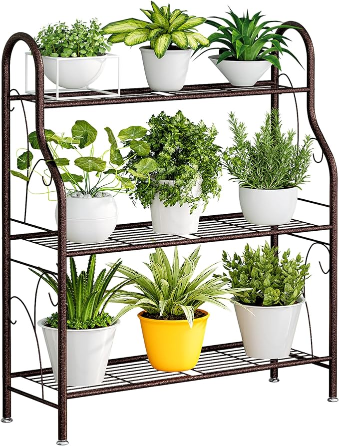 3-Tier Tall Wrought Iron Plant Stand – Indoor & Outdoor Corner Shelf with Hanging Hooks