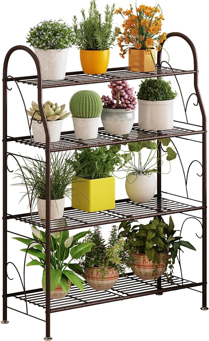 3-Tier Tall Wrought Iron Plant Stand – Indoor & Outdoor Corner Shelf with Hanging Hooks