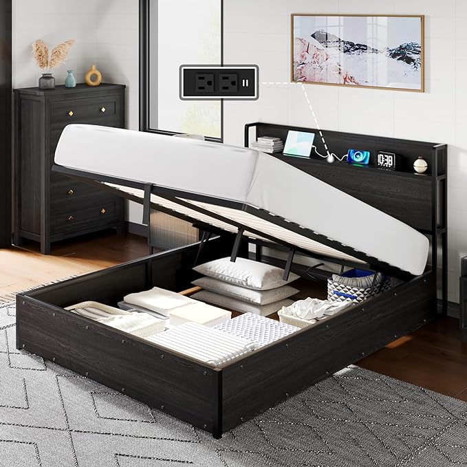 Wooden Platform Bed Frame with Lifting Storage & Charging Station