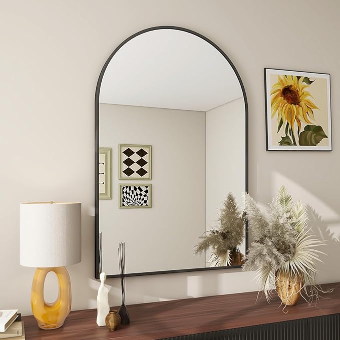 Wall Mounted Mirror, 20"x30" Arch Bathroom Mirror, Black Vanity Wall Mirror