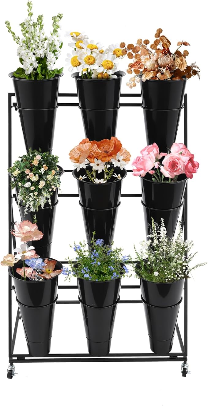 black rolling flower cart with removable plant buckets for indoor and outdoor use