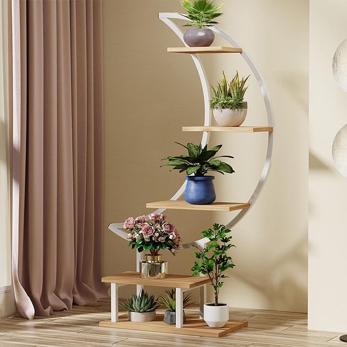 YOLENY 6-Tier Leaf-Shaped Plant Stand – White Metal & Wood Indoor Shelf