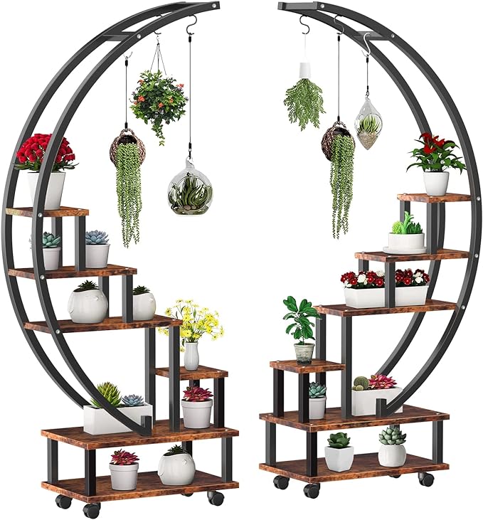 FRIZIONE 6-Tier Rustic Brown Metal Plant Stand – Multi-Layer Rolling Display Shelf