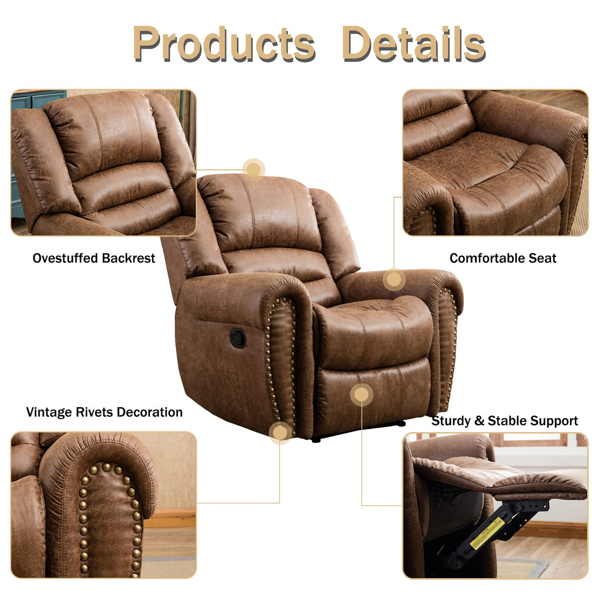 leather recliner product details with a side lever for manual adjustment.