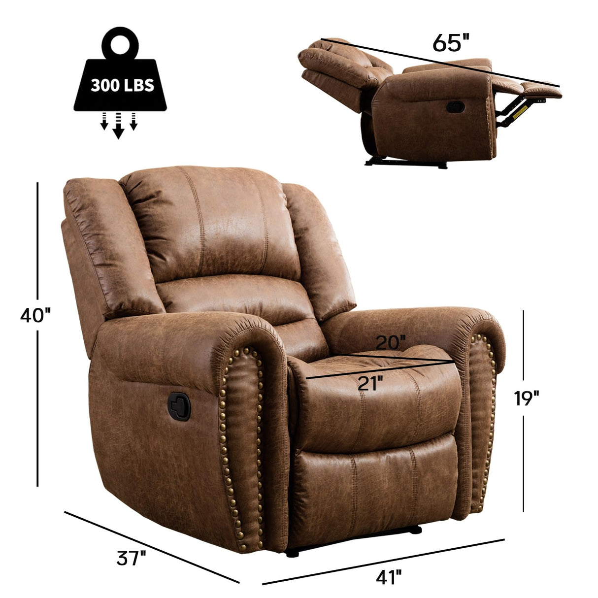 "Brown leather recliner chair with dimensions 41”W x 37”D x 40”H, seat height of 19”, and weight capacity of 300 lbs. Modern leather sofa recliner with a 65-inch extended length.