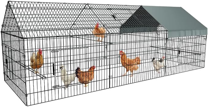 metal chicken pen in black with protective silver tarp