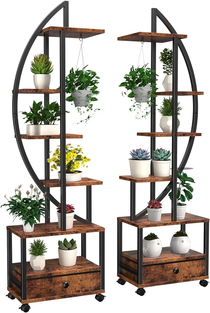 FRIZIONE 6-Tier Rustic Brown Metal Plant Stand – Multi-Layer Rolling Display Shelf