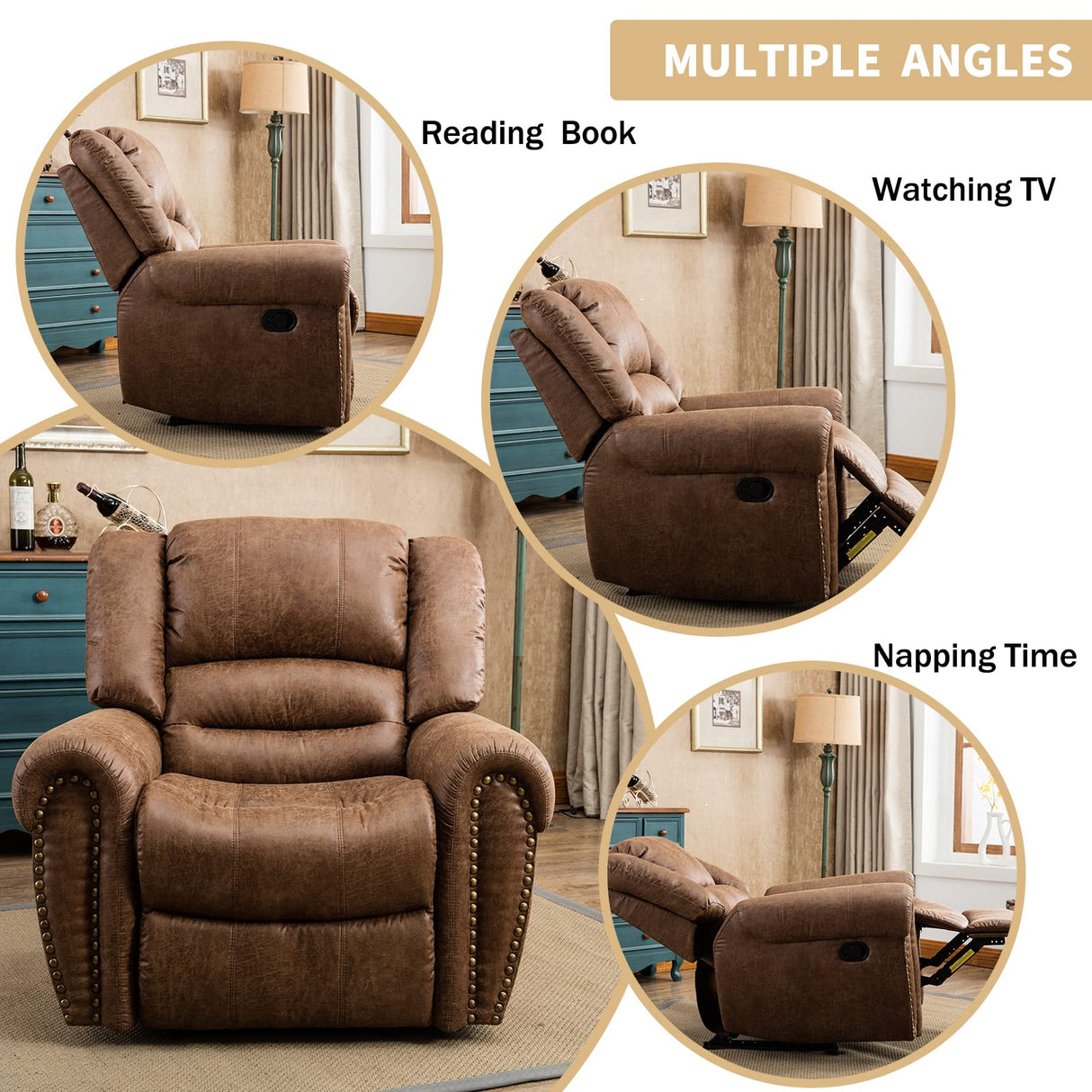 nut brown leather recliner angles