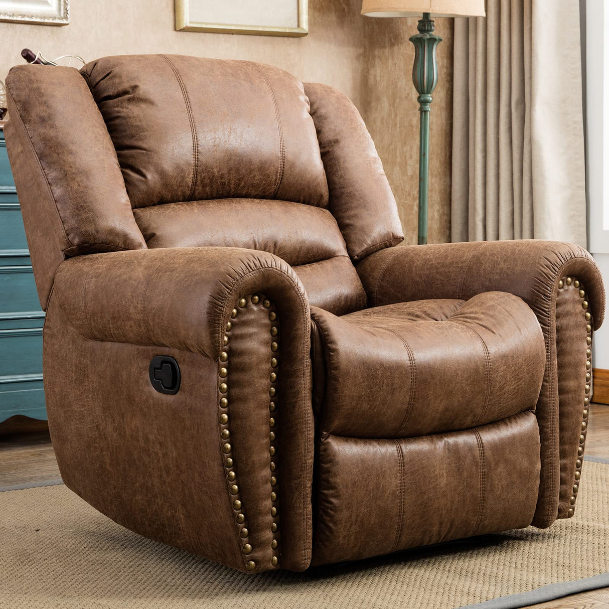 Comfortable and stylish genuine leather recliner for living rooms and home theaters.