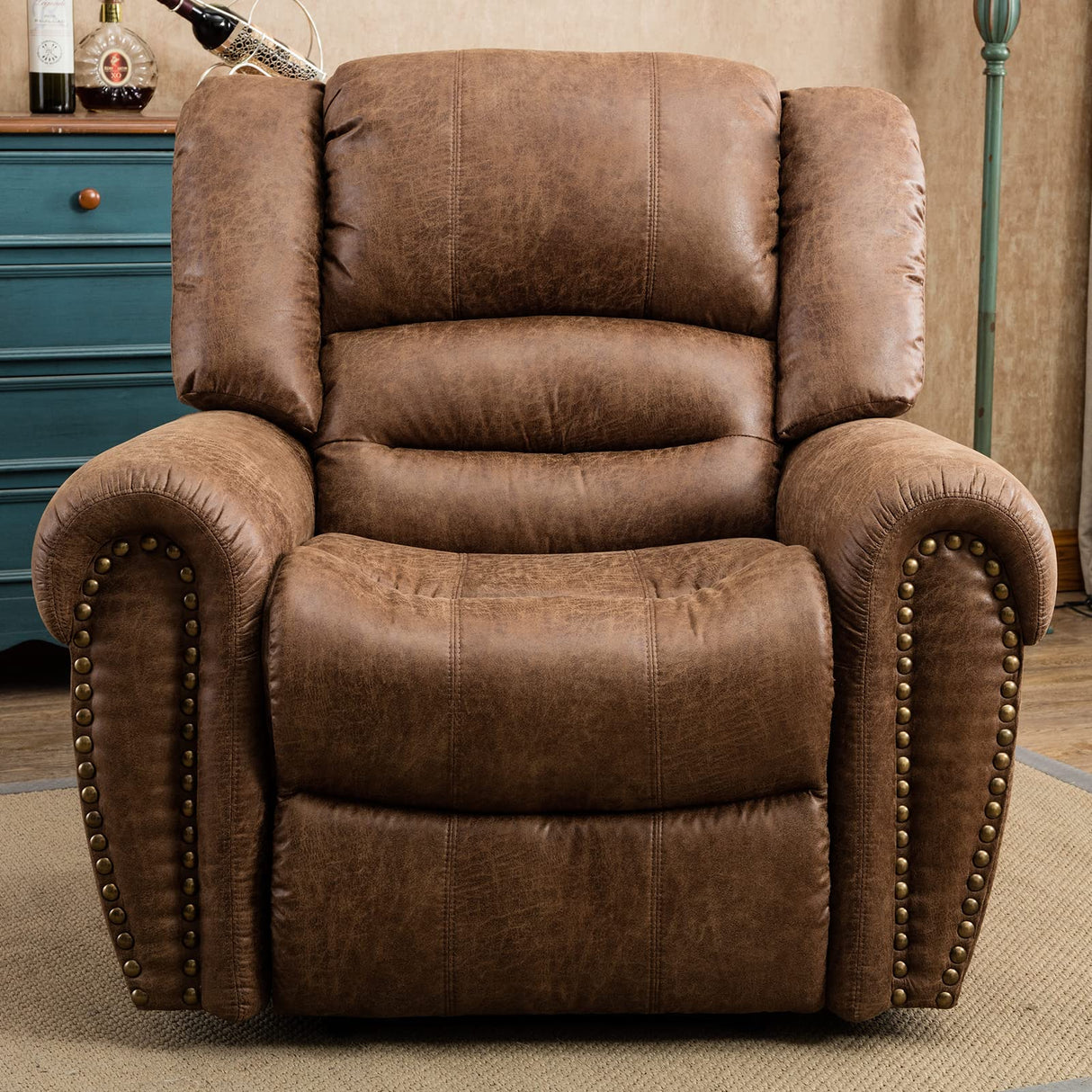 Modern leather sofa recliner with a 65-inch extended length.