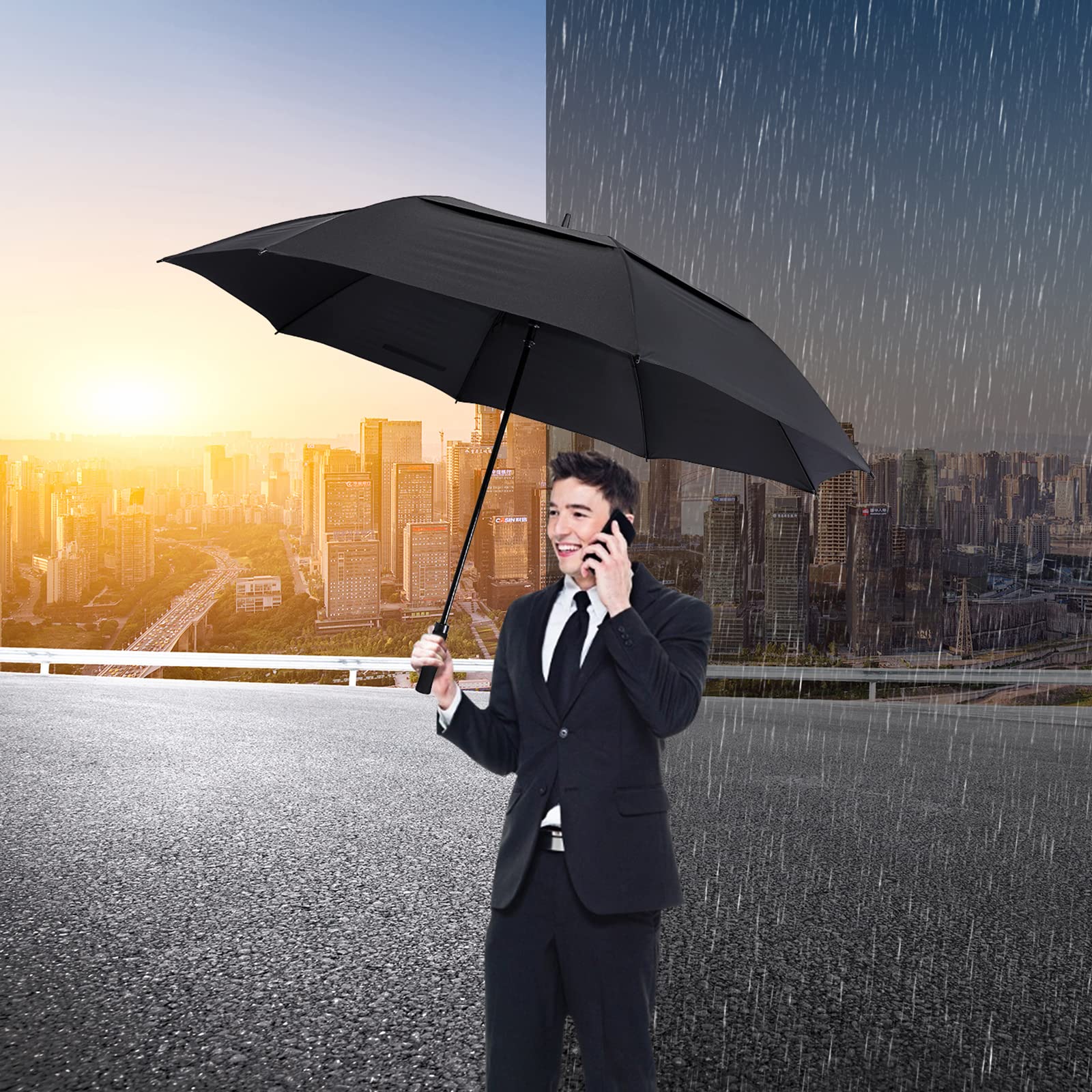 Man using large black golf umbrella in rain and sun. Oversized, windproof golf umbrella for ultimate protection in all weather conditions.