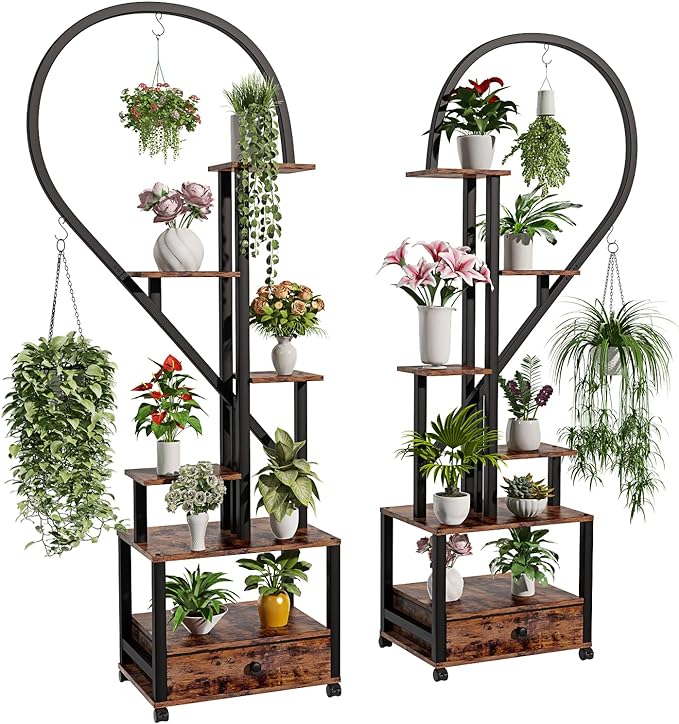 FRIZIONE 6-Tier Rustic Brown Metal Plant Stand – Multi-Layer Rolling Display Shelf