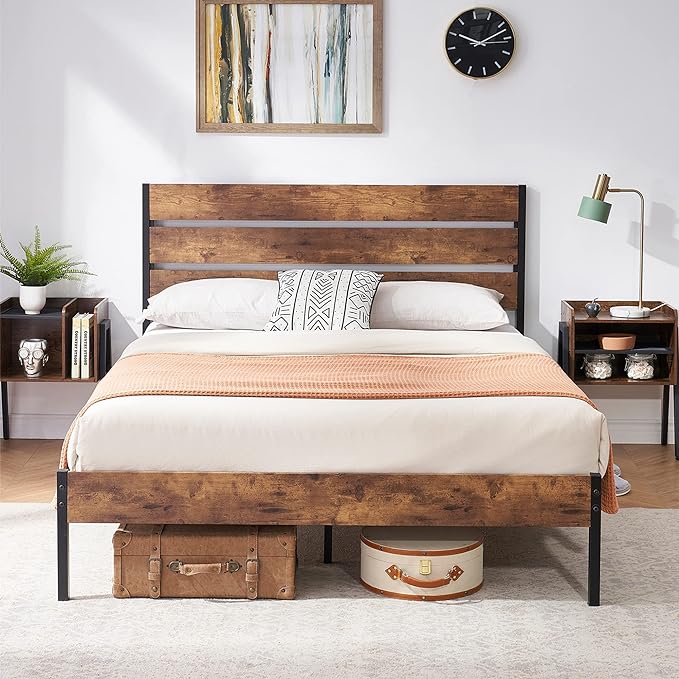 Platform Full Bed Frame with Rustic Vintage Wood Headboard and Footboard