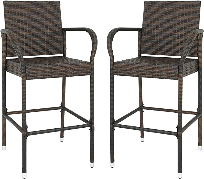Upgraded Wicker Bar Stool Chairs Outdoor Backyard Rattan Chair w/Iron Frame