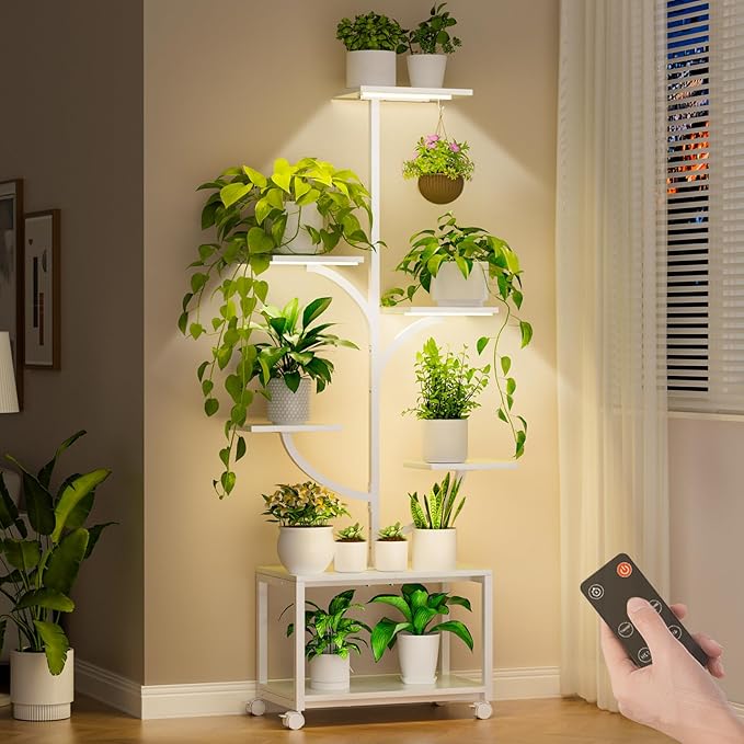 white space-saving plant shelf with built-in grow lights