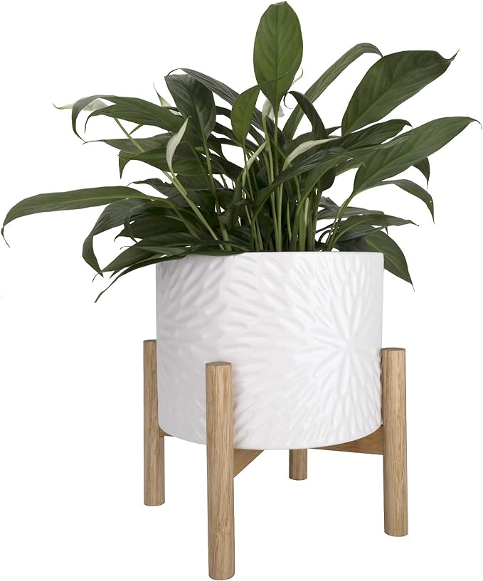 8-Inch Ceramic Planter with Wooden Stand