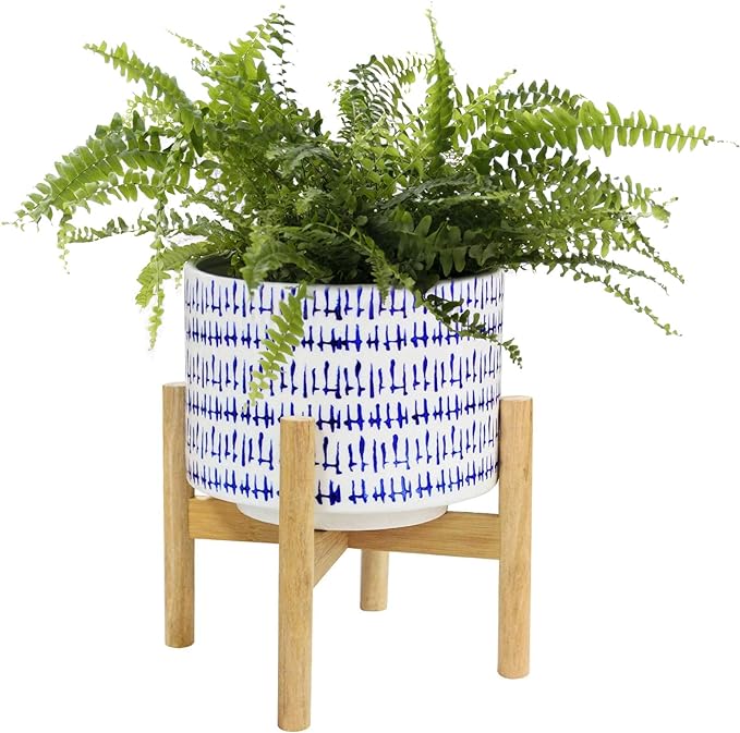 8-Inch Ceramic Planter with Wooden Stand