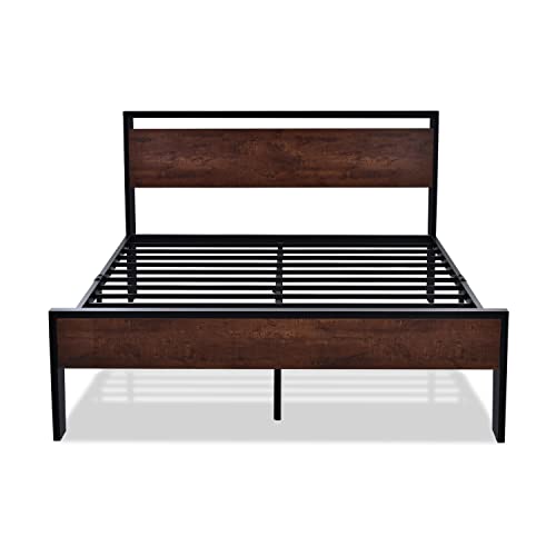 14 Inch Queen Size Metal Platform Bed Frame with Wooden Headboard