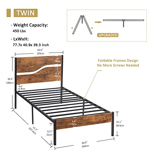 Platform Bed Frame Twin Size with Rustic Vintage Wood Headboard, Mattress Foundation