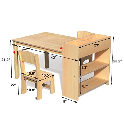 Kids Art Table and 2 Chairs, Wooden Drawing Desk, Activity & Crafts