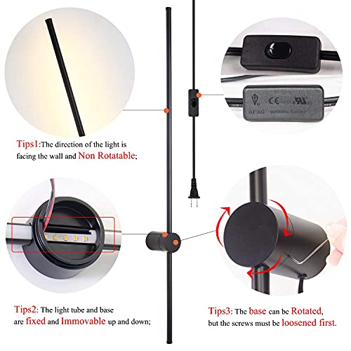 Modern Plug in Wall Sconce Set of 2 LED Black Wall Lights with Plug in Cord On/Off Switch