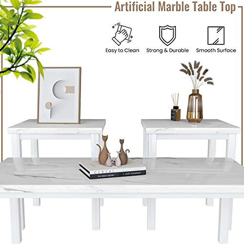 , Faux Marble Tabletop Style with Black Metal Frame Sofa Side Tables Perfect