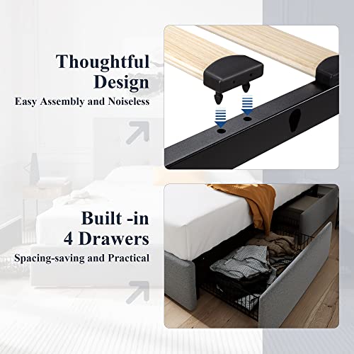 Full Upholstered Storage Bed Frame with 4 Drawers & Adjustable Headboard