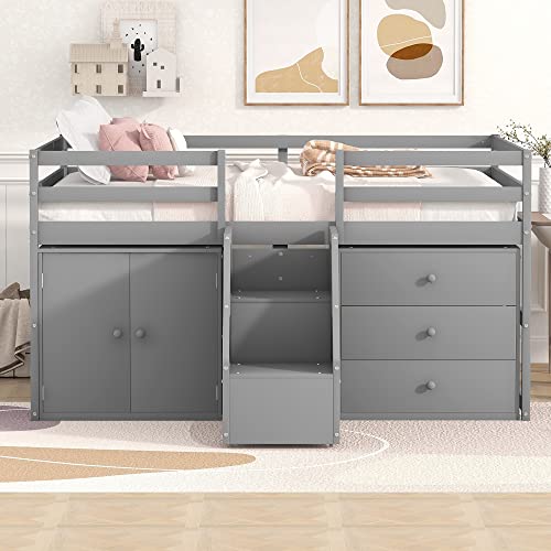Designs Full Size Loft Bed with Stairs and Storage Drawers