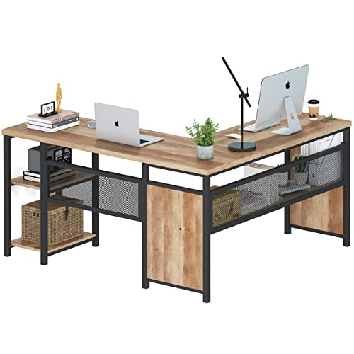 L Shaped Computer Desk, Industrial Office Desk with Shelves