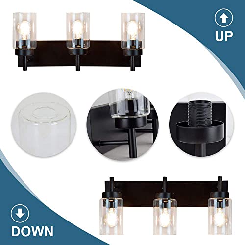 Wall Light Fixture, Vintage Bathroom Vanity Light with 3 Clear Glass Shade