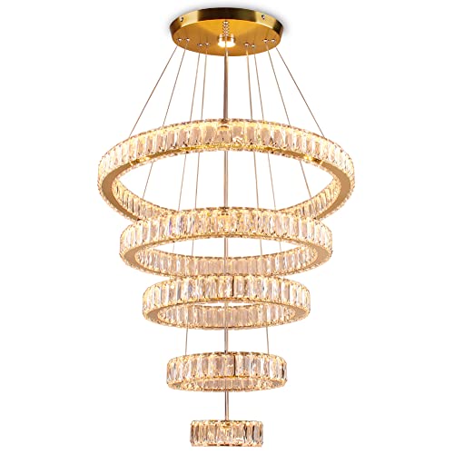 LED Big Crystal Chandeliers Modern 5 Rings Pendant Light Adjustable Ceiling Light