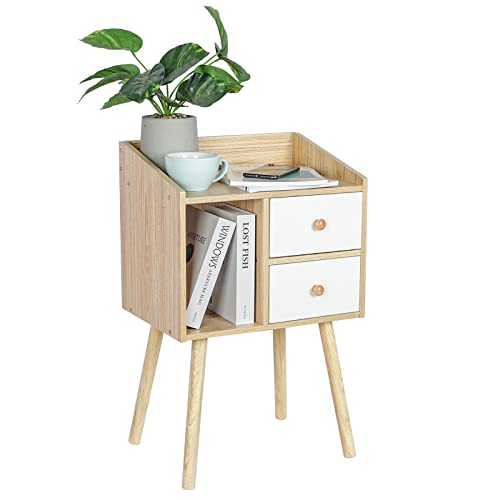 Bedside Table with Storage Drawers Mid Century Modern Nightstand with Vertical Open Storage Compartment and Solid Wood Legs