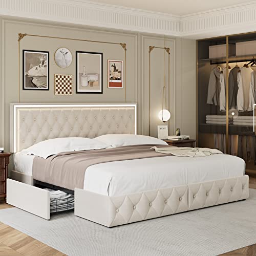 Queen Upholstered LED Bed Frame with 4 Drawers, Velvet Platform Storage Bed