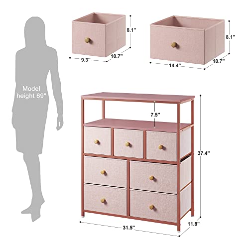 Pink Dresser for Bedroom with 7 Drawers and 2 Shelves