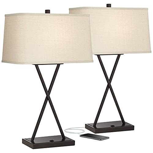 Table Lamps 26.5" High Set of 2 with Hotel Style USB Charging Port LED Bronze Metal