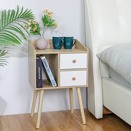 Bedside Table with Storage Drawers Mid Century Modern Nightstand with Vertical Open Storage Compartment and Solid Wood Legs