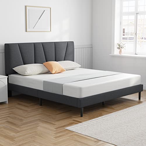Queen Bed Frame Upholstered Platform with Headboard and Strong Wooden Slats