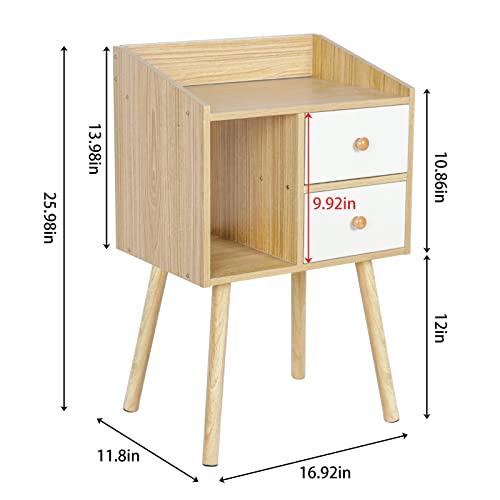 Bedside Table with Storage Drawers Mid Century Modern Nightstand with Vertical Open Storage Compartment and Solid Wood Legs