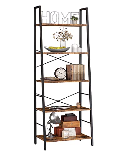 Bookshelf, Ladder Shelf 5-Tier Bookcase for Bedroom, Industrial Book Shelves Storage Rack