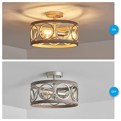 Rustic Semi Flush Mount Ceiling Lighting Fixture, 3-Light Antique Wood Grain Drum Lamp
