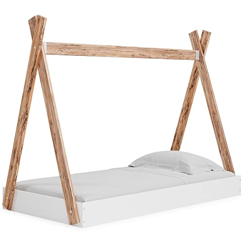 Piperton Modern Youth Tent Bed Frame, Full, Natural Wood & White
