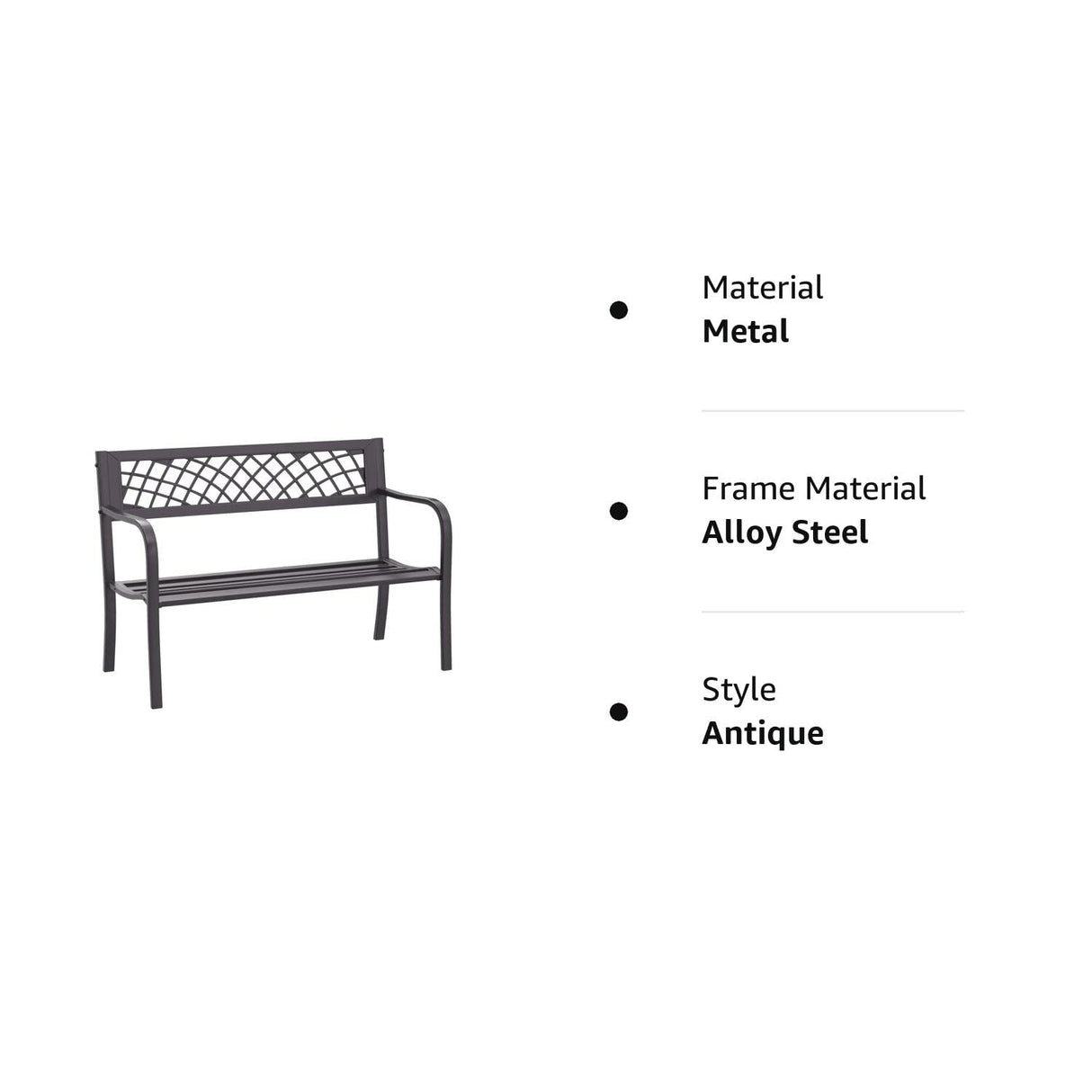 Patio Metal Park Bench with Armrests Sturdy Steel for Yard Porch Entryway