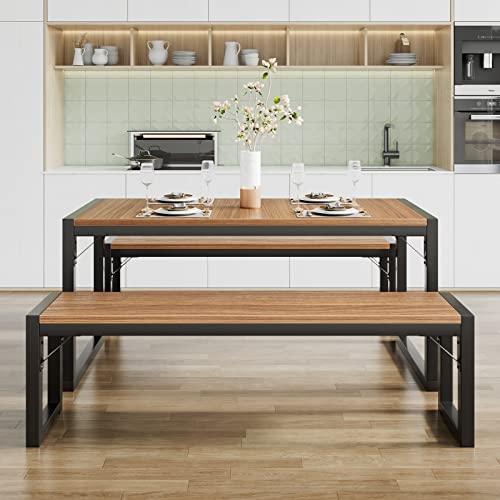3-Piece Dining Table Set with 2 Benches, Rustic Kitchen Table Set for 4-6