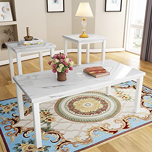 , Faux Marble Tabletop Style with Black Metal Frame Sofa Side Tables Perfect