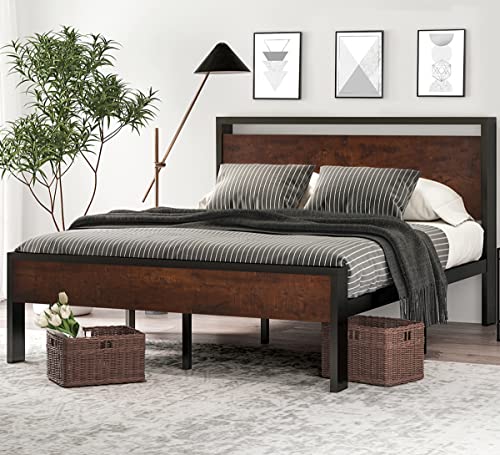 14 Inch Queen Size Metal Platform Bed Frame with Wooden Headboard