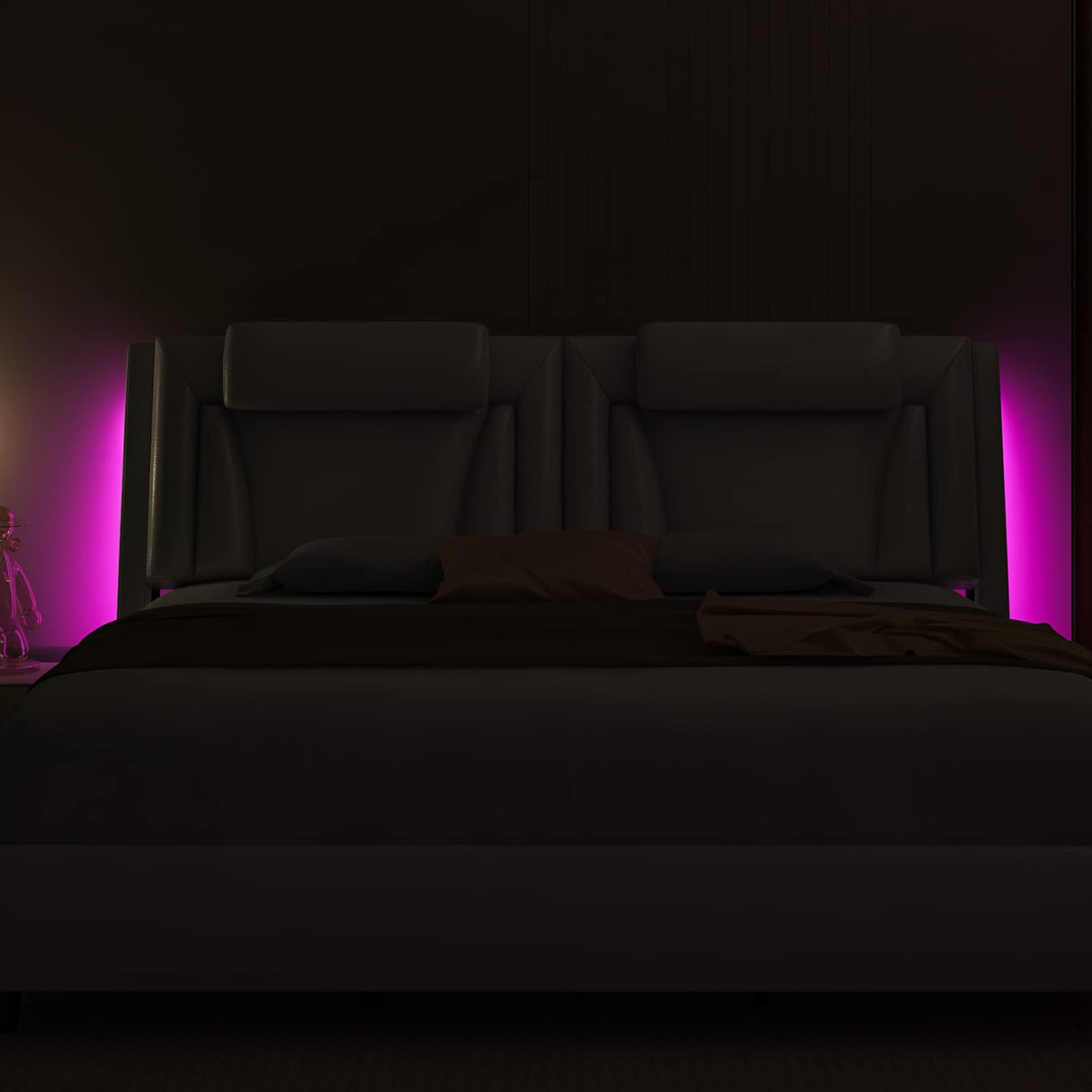 Upholstered Platform Bed Frame with Adjustable LED Headboard, Pu Leather